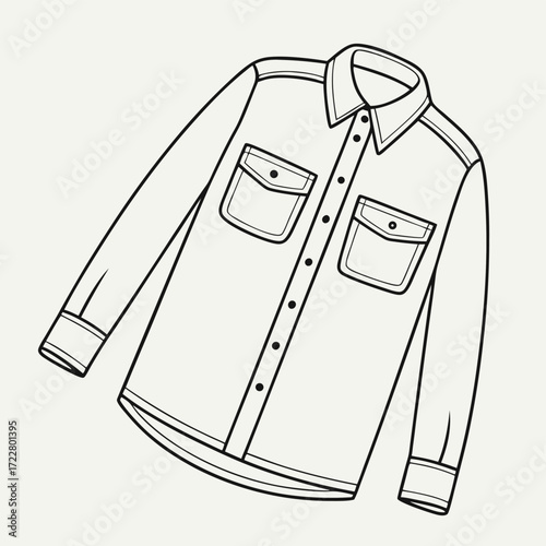 Vector art of simple line drawing of a longsleeved buttonup shirt with two chest pockets, isolated on a light background