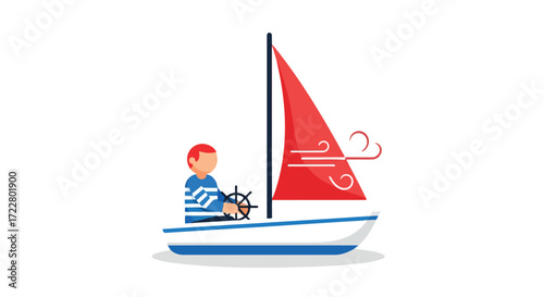 Cartoon illustration depicting a sailor steering a sailboat with a red sail, simple flat design conveying nautical activities and themes for various