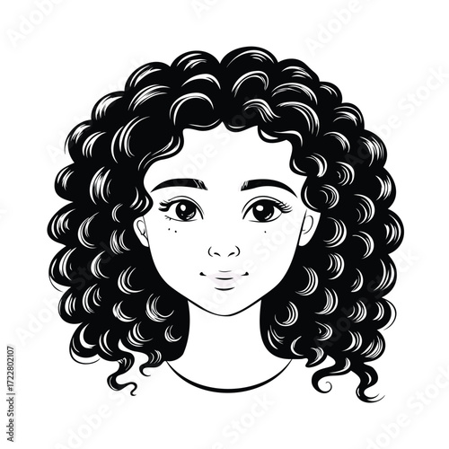 Black and white illustration of a young woman with curly hair