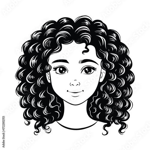 Black and white sketch of a young woman with voluminous curly hair