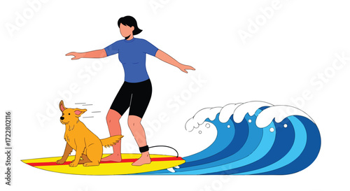 Illustration of a woman and her dog surfing a wave together on a sunny day, enjoying the thrilling water sport near the shore