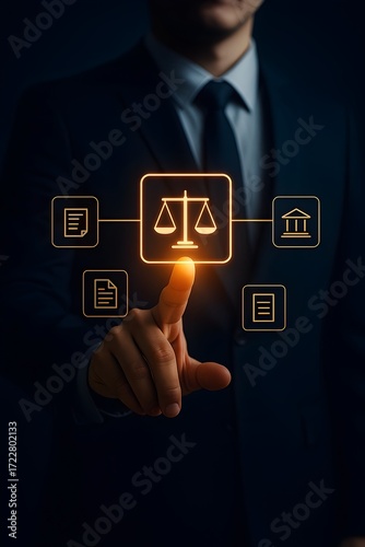 Digital justice system interface – glowing legal icons of balance, documents, courthouse, and governance network