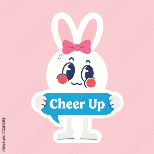 "Cheer Up" sticker with an adorable white bunny character holding a speech bubble, a fun and encouraging illustration for a good mood.