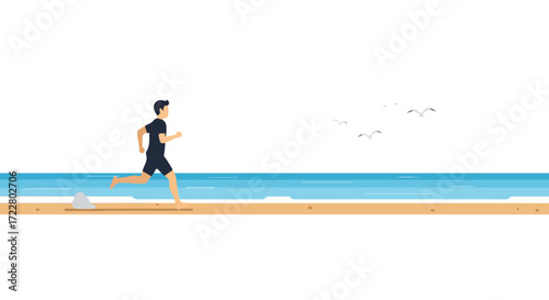 Vector illustration showing a man jogging along a sunny beach with seagulls in the background, ideal for a wellness campaign or travel brochure 152