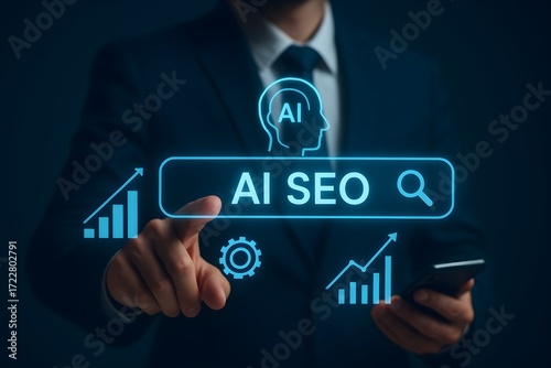 AI-powered SEO optimization interface – concept of intelligent search strategy, analytics, and digital growth