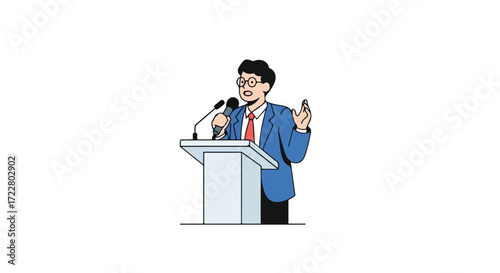Cartoon styled illustration of a confident speaker giving a speech at a podium with microphones