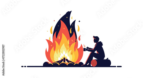 Solitary moments: Illustrated silhouette of a person by a stylized campfire, enjoying the serene atmosphere and peacefulness of the crackling flames