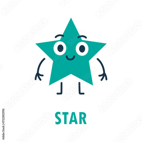 Cartoon star shape with happy face, arms and legs. Cute geometric character illustration for children education and learning