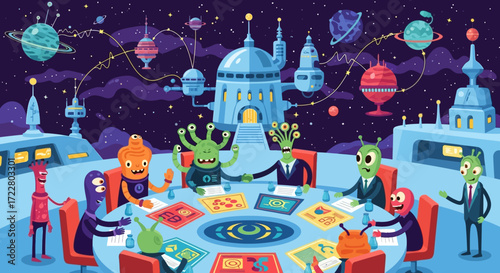Intergalactic Alien Meeting - A Colorful Gathering of Extraterrestrial Diplomats.