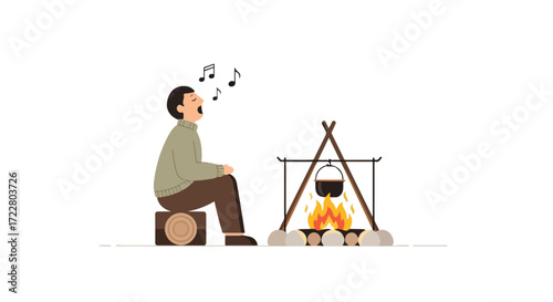 Solitary Serenade: A Relaxing Campfire Scene with Music and Calm Contemplation under the Open Sky