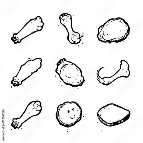 Illustration of nine cartoonish chicken pieces including wings, drumsticks, and thighs in black and white