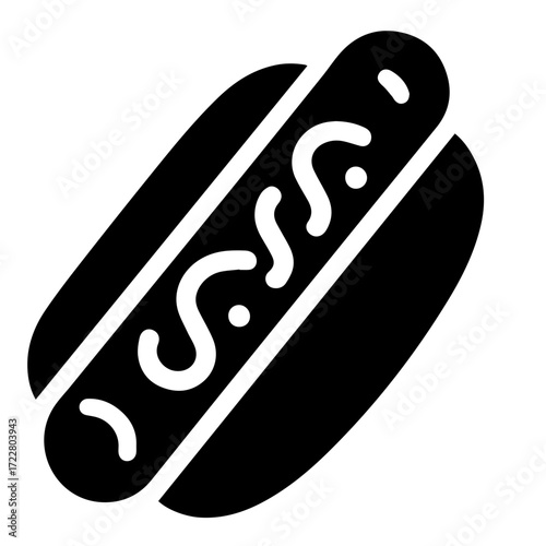 A simple black and white drawing of a hotdog with mustard on top in a plain white background view