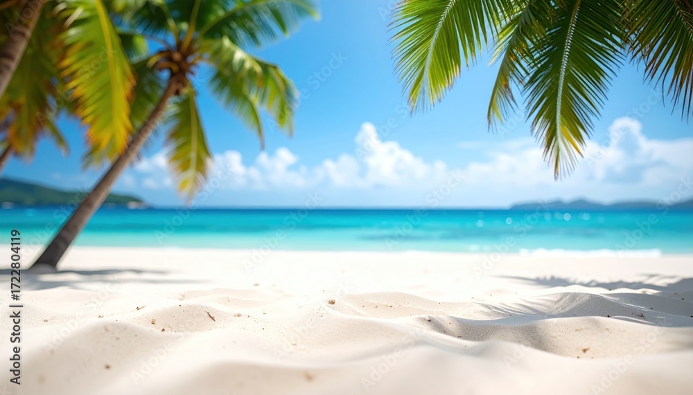Fototapeta premium A tropical beach scene with soft, white sand, clear turquoise water, distant islands, and swaying palm trees under a bright blue sky
