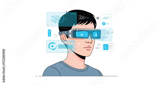 A Young Man Exploring Virtual Reality with Advanced Augmented Reality Headset Integration Displaying Overlaying Data and Interface
