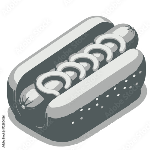 A stylized hotdog with a sausage and relish in a bun viewed from a high angle perspective art