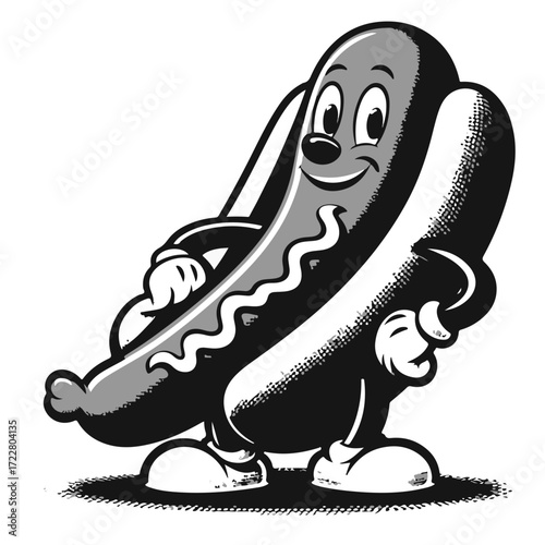 Illustration of a cartoon hotdog character with a smiling face and gloved hands standing on its feet