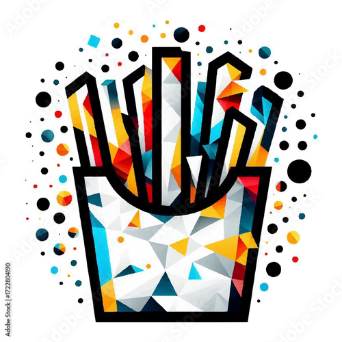Stylized french fries in a container with geometric and colorful design and scattered dots around it