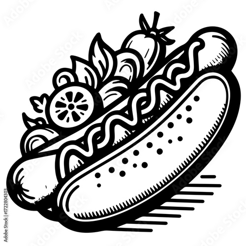 Illustration of a hot dog with toppings including tomato and relish in black and white style art