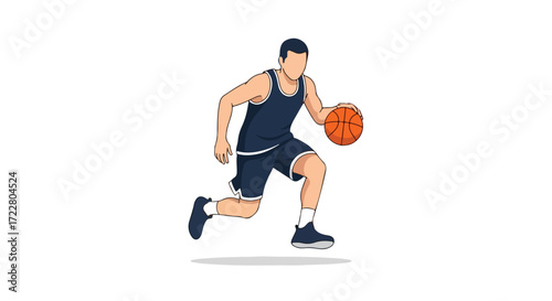 Dynamic illustration of a basketball player dribbling the ball with intense focus and athletic movement rendered in a clean vector style