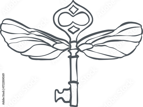 Winged Magic Key Line Art Illustration, Mystical Halloween Symbol of Secrets, Freedom, and Eternal Magic. Perfect for enchanted clipart, fantasy art, and witchcraft design elements