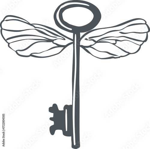 Flying Magic Key Line Art Illustration, Mystical Halloween Symbol of Secrets, Freedom, and Witchcraft. Perfect for enchanted clipart, gothic designs, and magical fantasy artwork