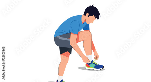 Man preparing for a run by tying his shoelaces, getting ready for an athletic activity on a white background