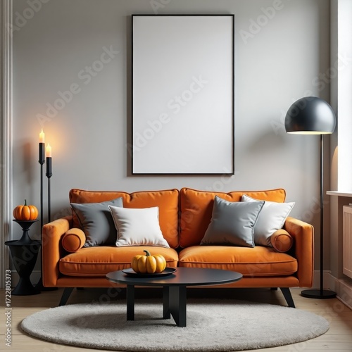 Cozy Autumn Vibes: Orange Sofa with Pumpkins