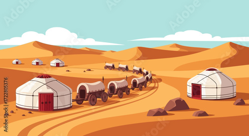Nomadic Life - Yurts and Covered Wagons in a Desert Landscape.