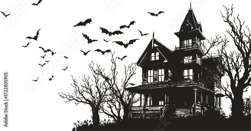 Haunted house with bats flying illustration in vintage black and white line art style. Creepy Halloween scene for posters, cards, spooky design.