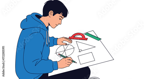 Focused young artist crafting geometric shapes with precision tools on a vast canvas of creativity and design showcasing expertise and imagination