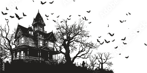 Vintage haunted mansion with bats and graveyard illustration in black and white. Spooky gothic Halloween artwork for posters, cards, seasonal projects.