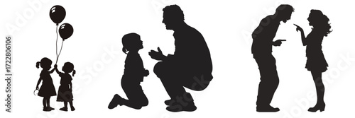 set of 3 parent and child silhouette icons isolated on white background