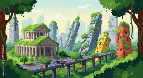 Overgrown Ruins of Civilization with Ancient Buildings and Lush Vegetation.