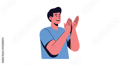 Enthusiastic Man Clapping Hands in Blue Shirt Vector Art Illustration on White Background Design, Showing Encouragement and Appreciation