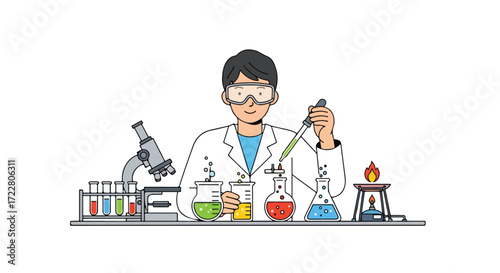 Cartoon scientist conducting experiments with beakers, microscope, and flame apparatus in a laboratory setting showcasing chemical processes and