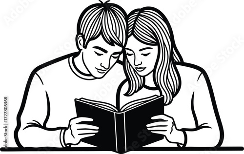 Young couple reading a book together in a close and intimate moment indoors on transparent background