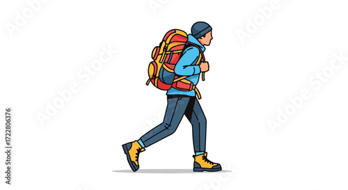 Lone hiker trekking forward with a substantial backpack illustration representing outdoor adventure and solitary journey embodying exploration and