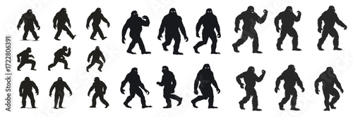 set of 20 bigfoot and yeti silhouette icons isolated on white background
