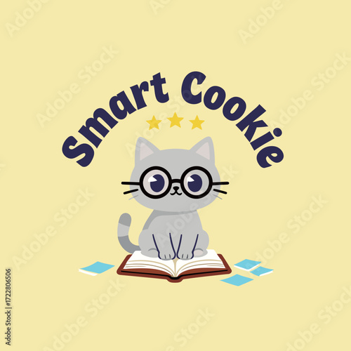 "Smart Cookie" sticker with a cute gray cat wearing glasses and sitting on a book, a clever and whimsical illustration for academic themes.