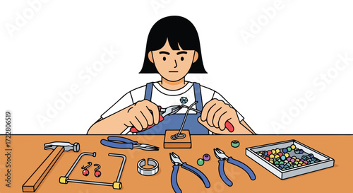 Focused artisan crafting bespoke jewelry with precision tools and colorful beads in her workshop studio creating unique designs with passion