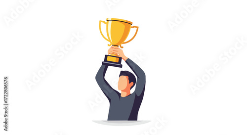 Triumphant Champion Holding Golden Trophy Celebrating Victory and Achievement with Energetic Zeal in Isolated Illustration 150 characters