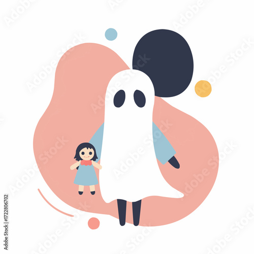 Friendly ghost holding a doll in playful, colorful illustration  
