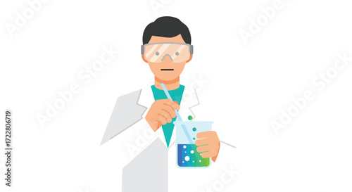 Scientist Character Engaged in Chemical Experimentation Within a Laboratory Environment with Precision and Focus analyzing liquid inside of a beaker