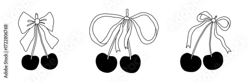 Set of coquette bow ribbon coquettish cherries. Y2k retro whimsical vector illustration. Tshirt print. Vintage sketch drawing. Trendy girly feminine tattoo. Valentines day romantic design element