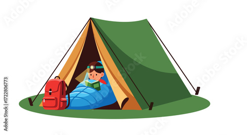 Cartoon adventure: Girl reading in tent with backpack, immersed in literature during camping at night, a delightful outdoor experience