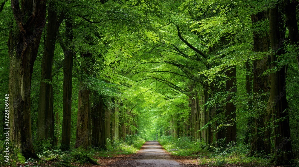 Fototapeta premium Lush Green Forest Pathway Surrounded by Tall Trees in Natural Setting