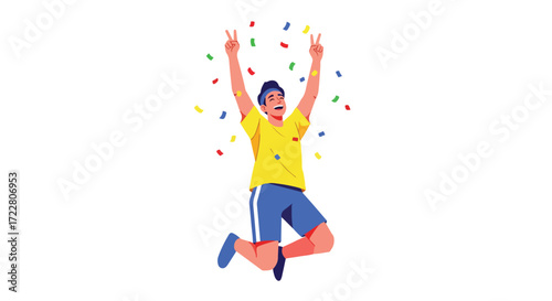 Ecstatic celebration: A vector illustration of a joyous individual amidst a cascade of colorful confetti brimming with happiness and triumph
