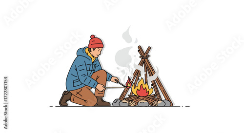 Illustration showcasing a person starting a campfire during an outdoor adventure or camping experience depicting nature enjoyment and survival