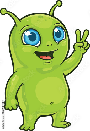 Cartoon green alien, cute extraterrestrial character, friendly space mascot illustration, playful sci fi creature artwork, peace sign alien design graphic