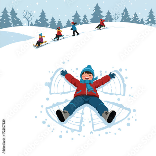 A joyful child makes a snow angel in fresh, soft snow, while other children sled down a gentle hill in this vibrant flat 2D vector illustration of playful winter fun.